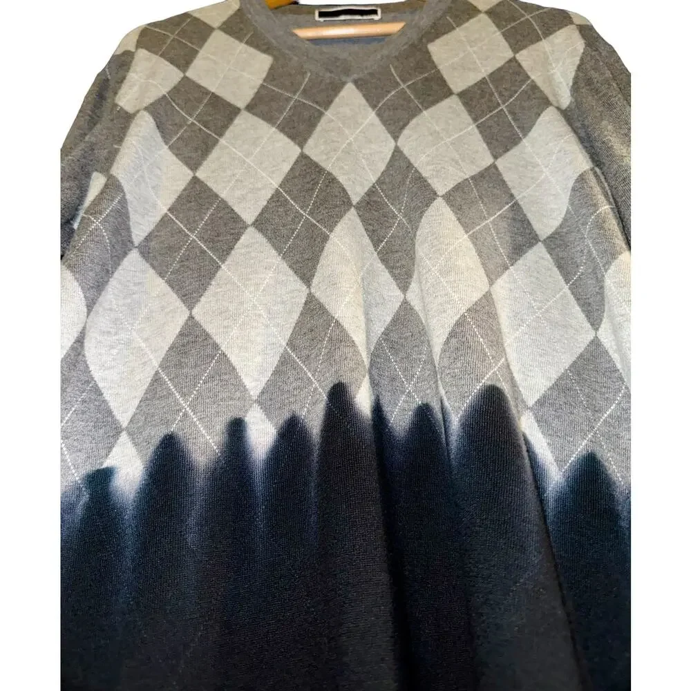 Michael Kors Ink‎ Dipped Argyle Gray Sweater Womens Sz XL Preppy Academia Grunge